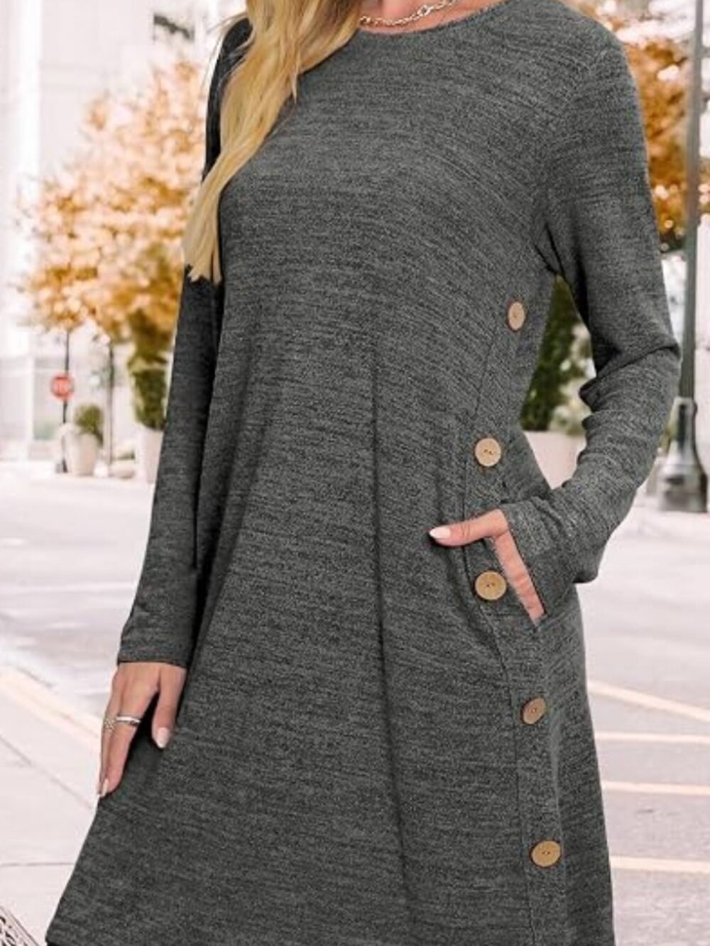 SM Gray Long Sleeve Dress for Women Crew Neck Tunic with pockets Buttons Side
